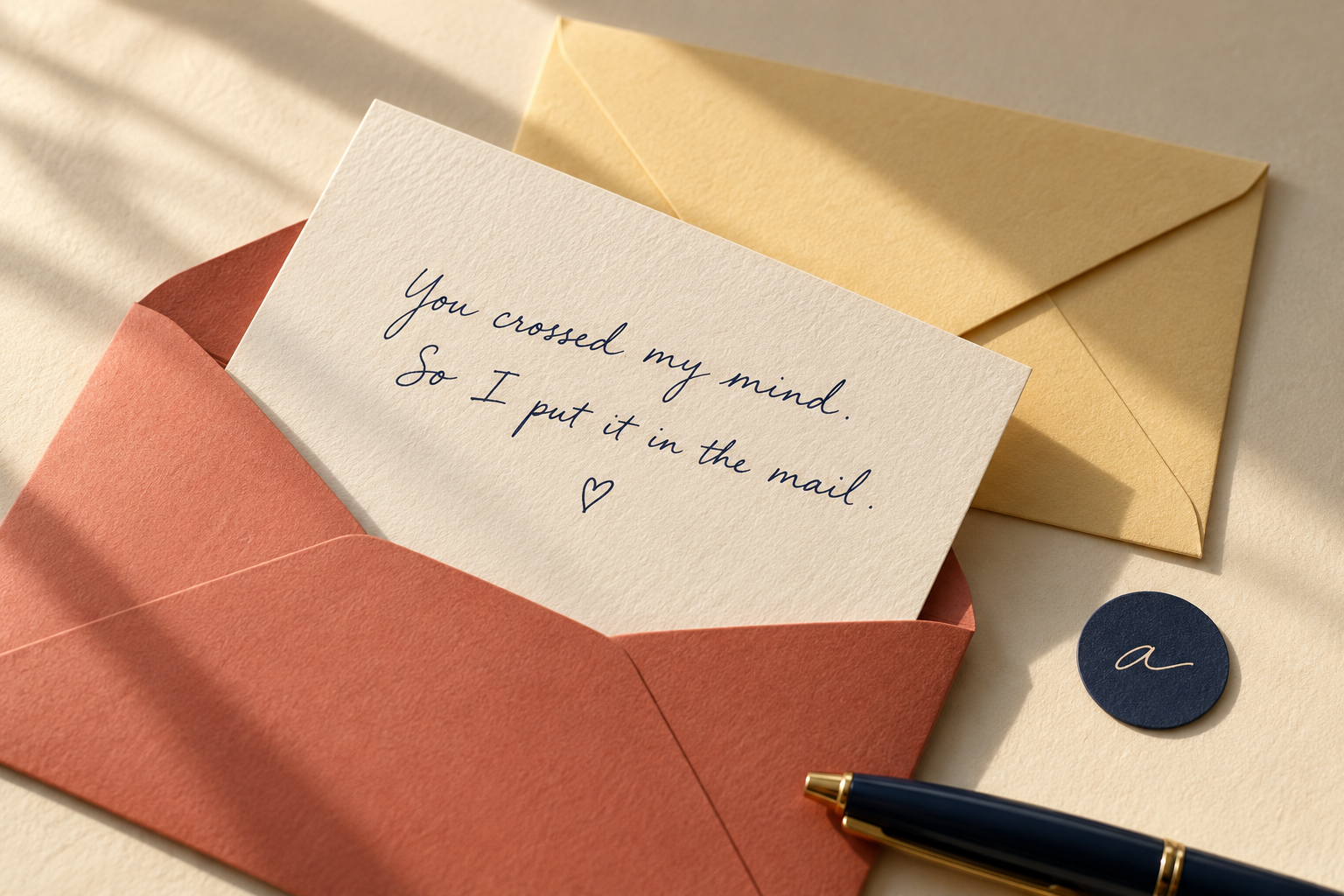A handwritten note tucked inside a coral envelope